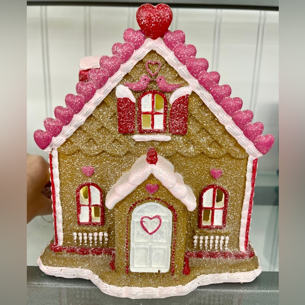 Valentine Gingerbread Red and Pink Heart Glitter House LED Light up NWT